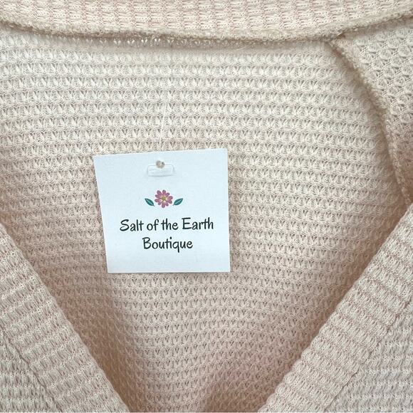 Faux wrap blouse M waffle knit patchwork side tie boho long sleeve cottage NEW - Picture 6 of 9